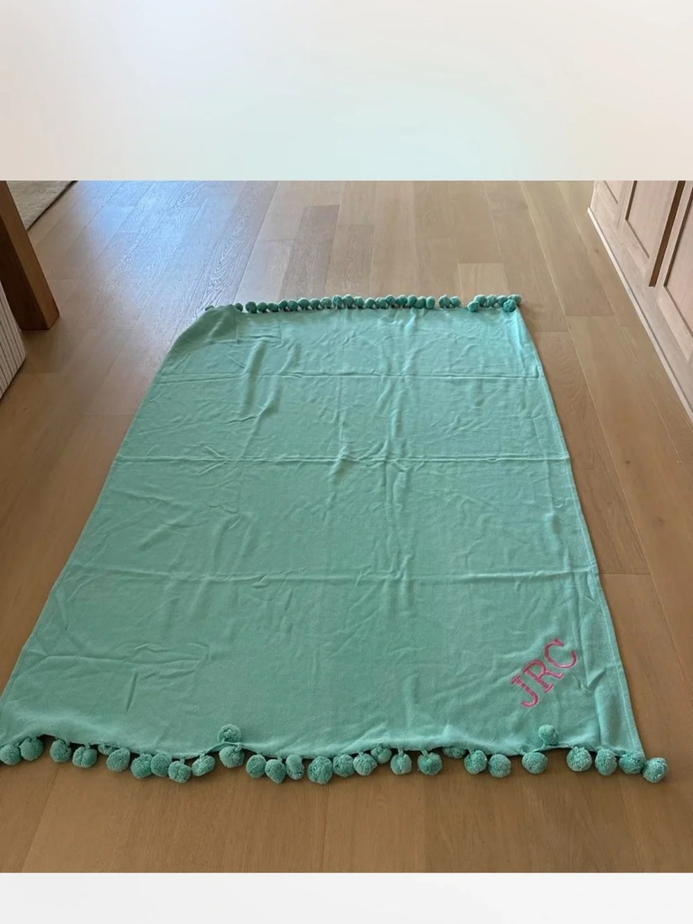 Pottery Barn Teen Mint Pom-Pom Throw with Pink Monogram
